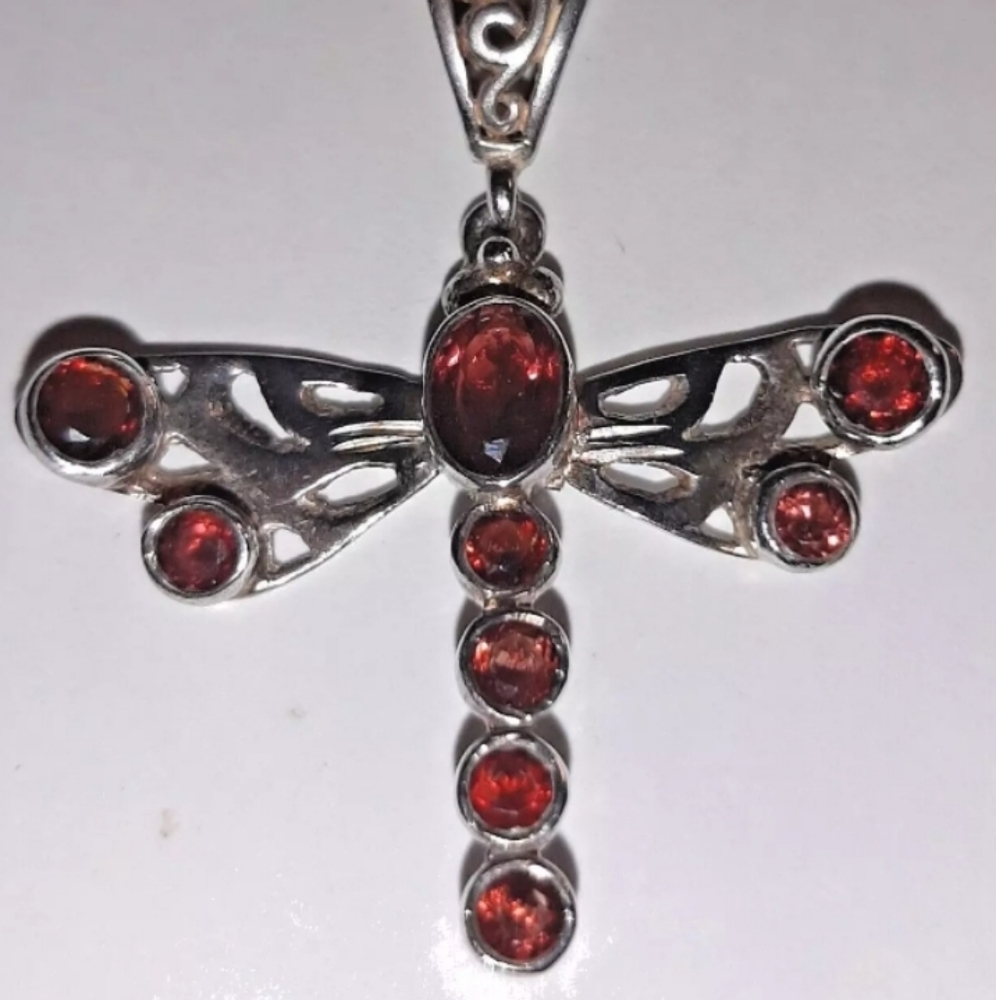 Natural Genuine Garnet Sterling Silver 925  Dragonfly Pendant
